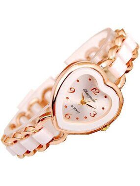 Women's White Rose Gold Elegant Heart Shape Casual Metal Bracelet Wrist Watch